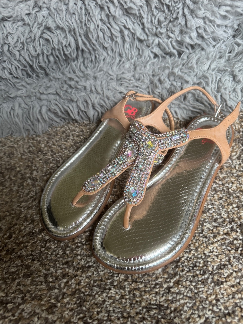 Beaded T-Strap Metallic Sandals -girls GB  Tan size 2
